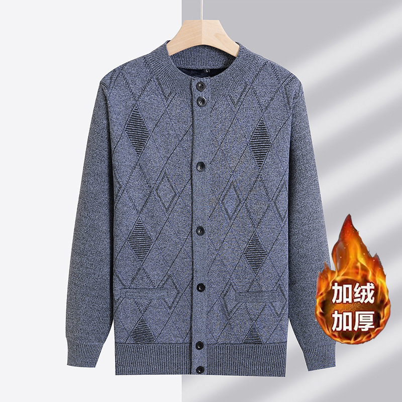 A generation of men's casual fleece-lined warm autumn and winter cardigan collar coat dad winter jacquard sweater