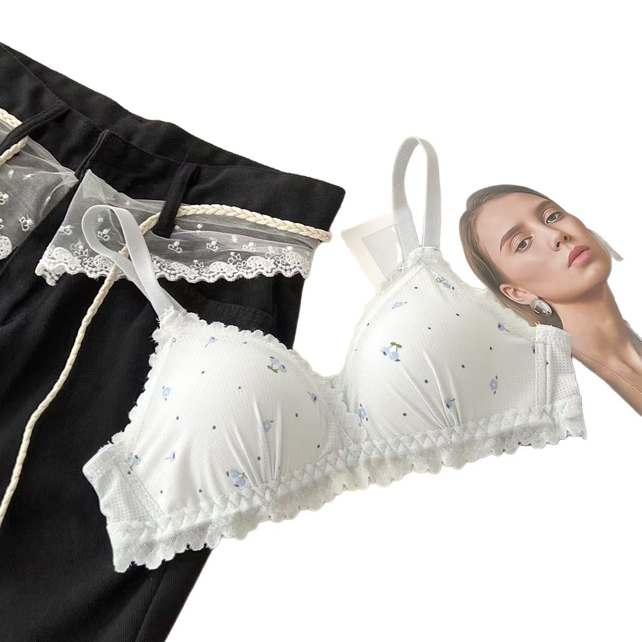 Sweet Cherry Lace Underwear Women's Summer Thin Small Breast Push-Up Anti-Sagging Breathable and Comfortable Wire-Free Bra