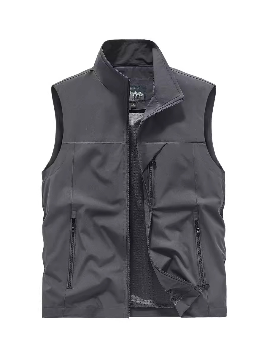 Men's Stand-Up Collar Spring and Summer Quick-Drying Mesh Vest Casual Multi-Pocket Workwear Top Outdoor Photography Fishing Vest Jacket