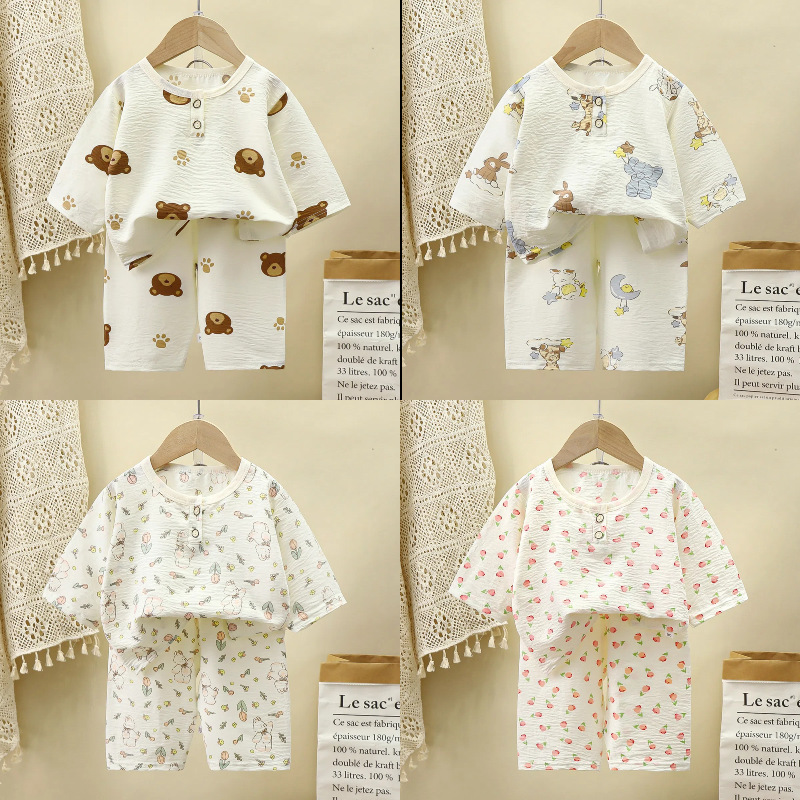 Популярный летний комплект домашней одежды для детей с рукавами до середины для мальчиков и девочек, тонкая одежда из облачного хлопка для кондиционера, повседневные пижамы