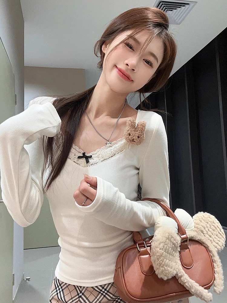 Lace Splicing Brushed Warm Bottoming Shirt Long-Sleeved T-Shirt for Women Autumn and Winter Gray Slim Fit with Velvet Thickeneded Top