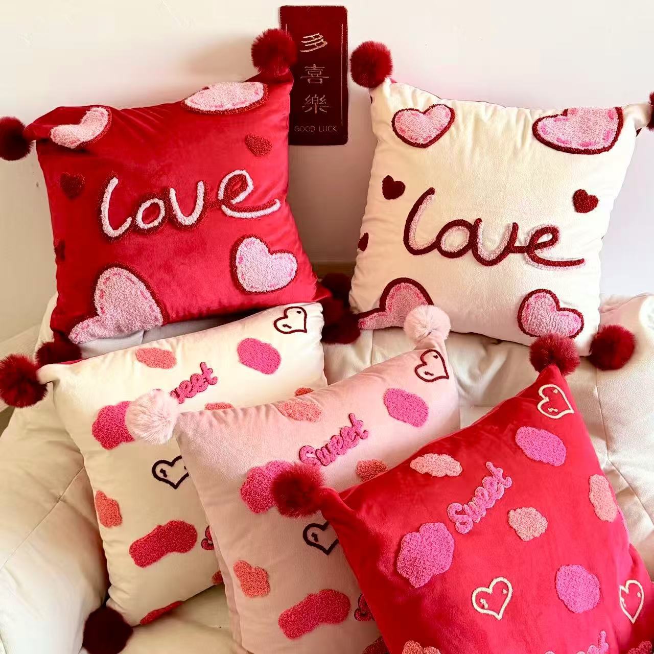 Red Happy Word Dopamine Flannel Embroidered Towel Pillow Pillow Wedding Room Arrangement Wedding Bed Doll Festive Supplies