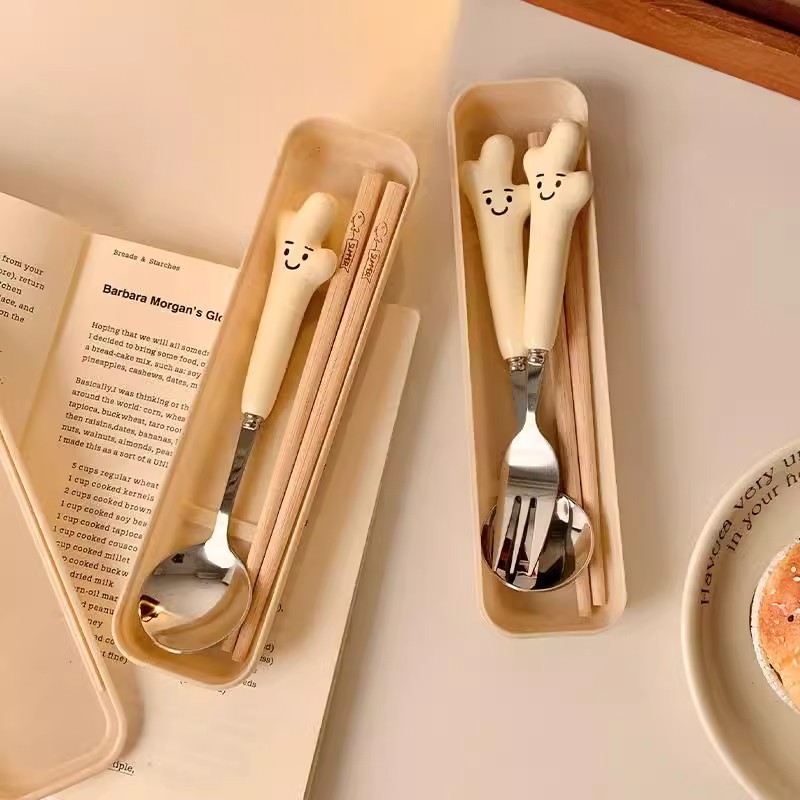 Ceramic High-Value Spoon and Chopsticks for Personal Use, Cute Little Ginger Student Tableware, Spoon, Fork and Chopsticks, Student Outdoor Portable Tableware