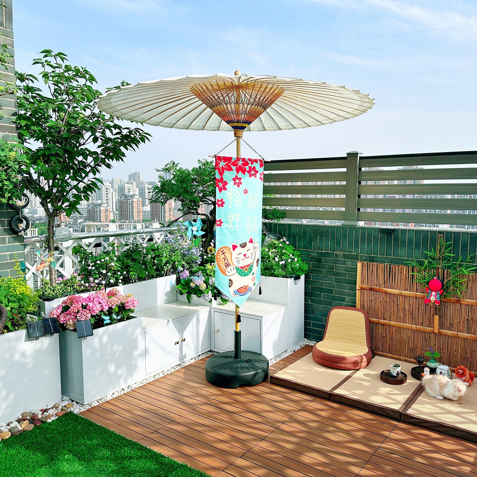 Wuxin Workshop Outdoor Umbrella for Tea Brewing by the Fire, Traditional Chinese Style Large Oil Paper Umbrella, Rainproof and Sunproof for Chinese Courtyard Qingbai Le