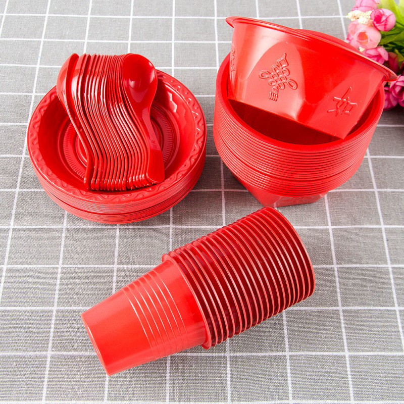 Disposable Tableware Set for Banquets, Household Environmentally Friendly Thickeneded Cups, Dishes and Spoons, Wedding Banquet Red Plastic Tableware Bowls