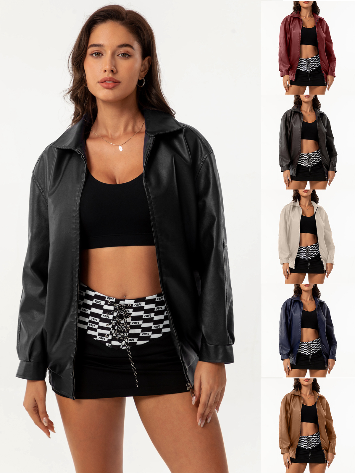 Свободная кожаная куртка для женщин, длинный рукав, весна-осень 2024