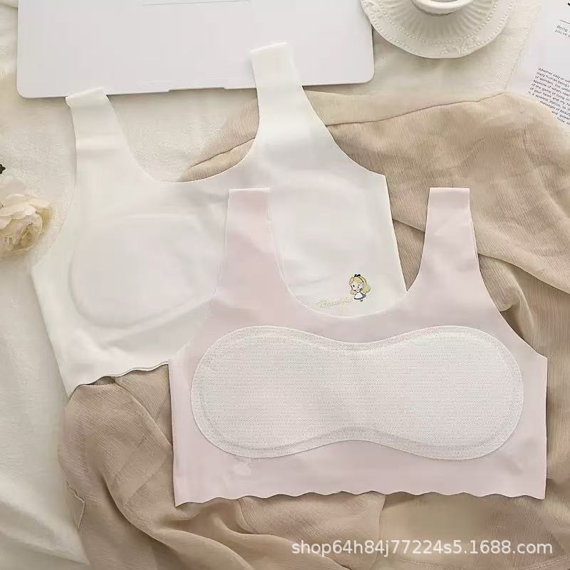Summer Girls' Underwear with Breast Pads, Elementary School and Junior High School Development Period Vest, Ice Silk Seamless Underwear Bra, Anti-Bump
