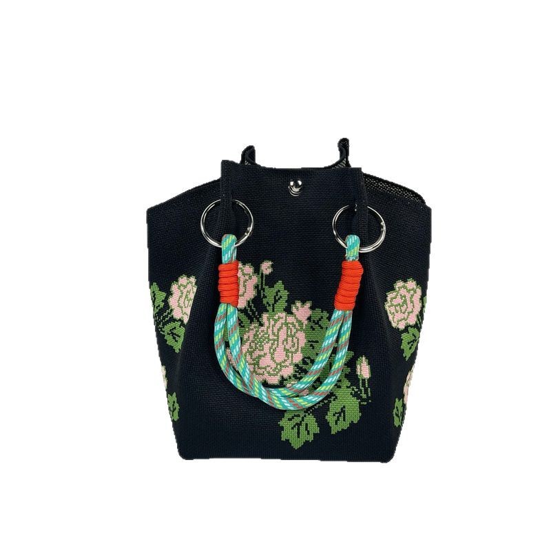 2025 New Ethnic Style Women's Fashion All-match Tote Shoulder Bag Denim Artistic Portable Vintage Embroidered Flower