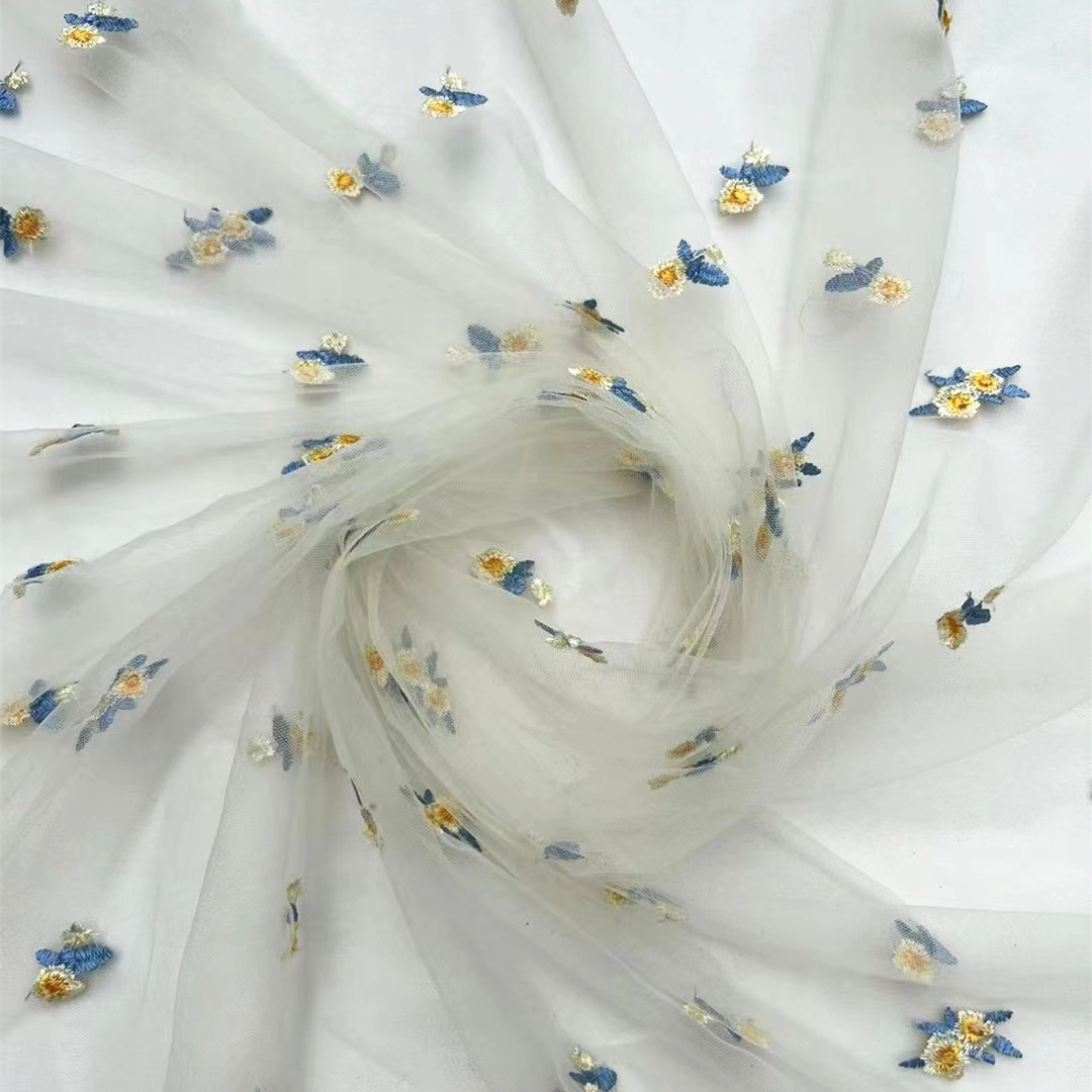 New Summer Small Floral Girl Princess Dress Embroidered Fabric Factory Direct Sunflower Mesh Embroidered Fabric