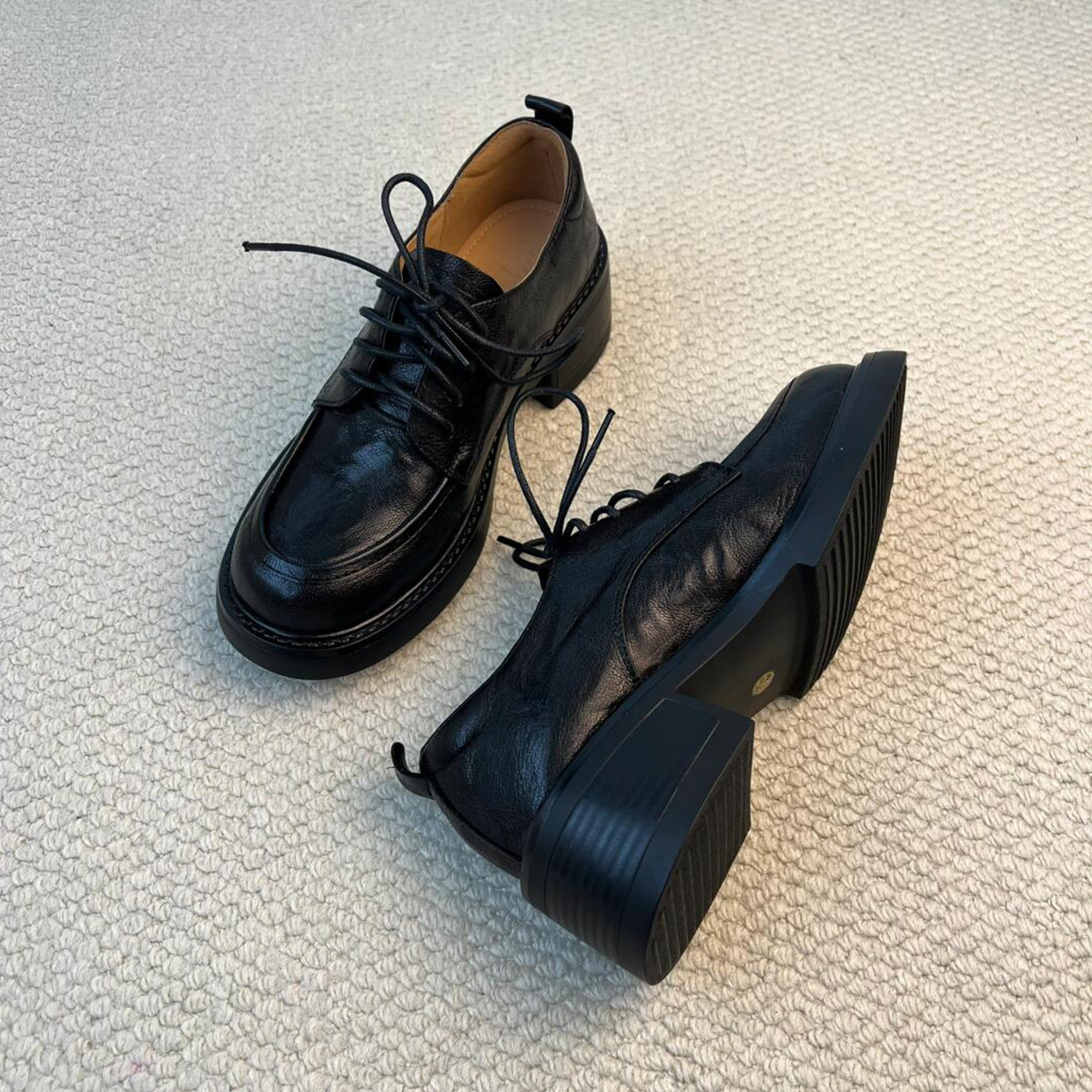 Sheepskin Version ~ College Style Lace-Up Thick-Heeled Loafers for Women, Genuine Leather Versatile Thick-Soled Flats, Casual British Small Leather Shoes