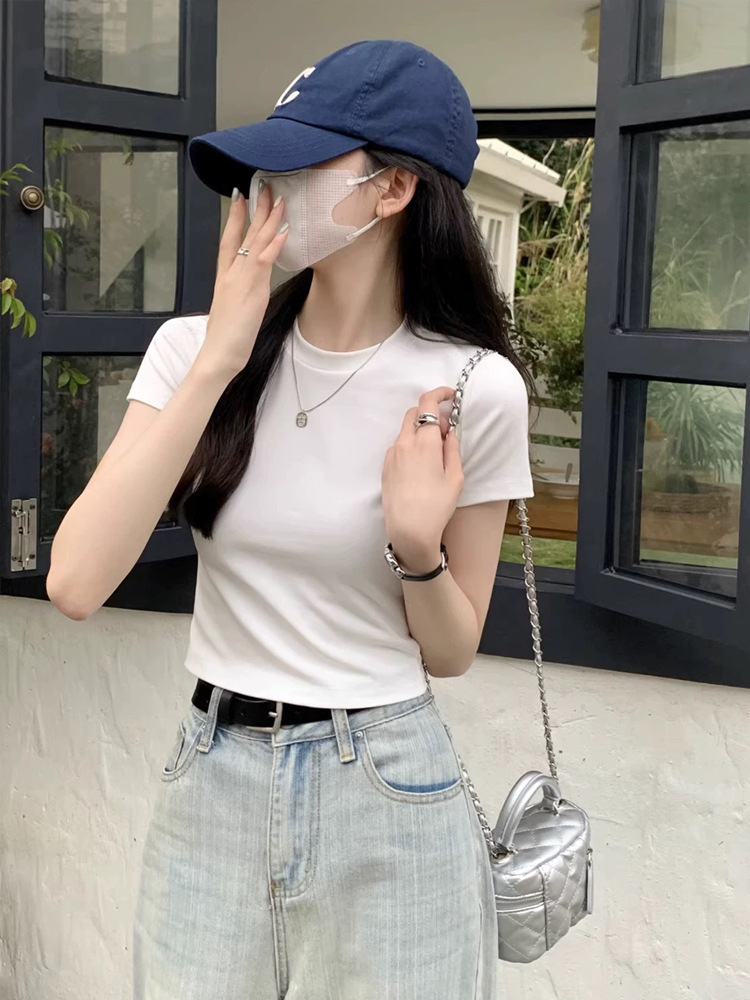 Pure Cotton T-Shirt Women's Summer Short-Sleeved High-Waist Sexy Slim-Fitting Pure Color Right-Shoulder Short-Sleeved Top Bottoming Shirt