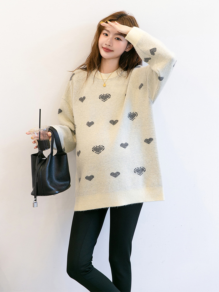 Autumn and Winter Maternity Wear Korean Style Loose Crewneck Pullover Sweater for Pregnant Women Mid-length Loose Soft and Comfortable Thickened Sweater