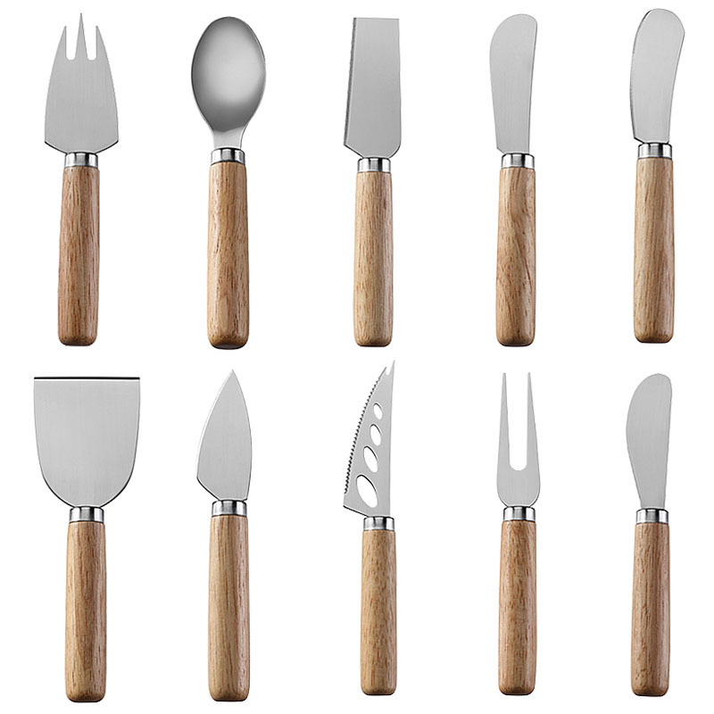 Cross-border in stock Stainless Steel Cheese Tool Rubber Wooden Handle Cheese Knife Cheese Knife Household Burease Knife and Fork