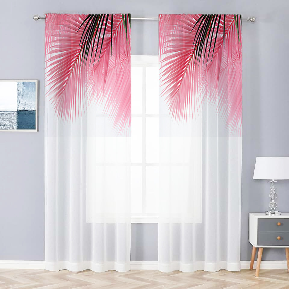 Jit Shipping Cross-Border Exclusive Factory Direct Sales Nordic Digital Printing Processing Pink Palm Leaf Curtains and Screens