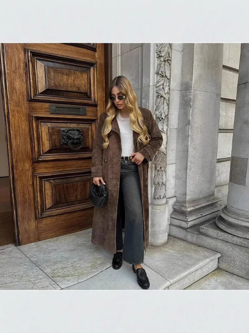 Spot Cross-Border European and American Autumn and Winter Women's Retro Loose Long-Sleeved Belt Double-Breasted Windbreaker Jacket