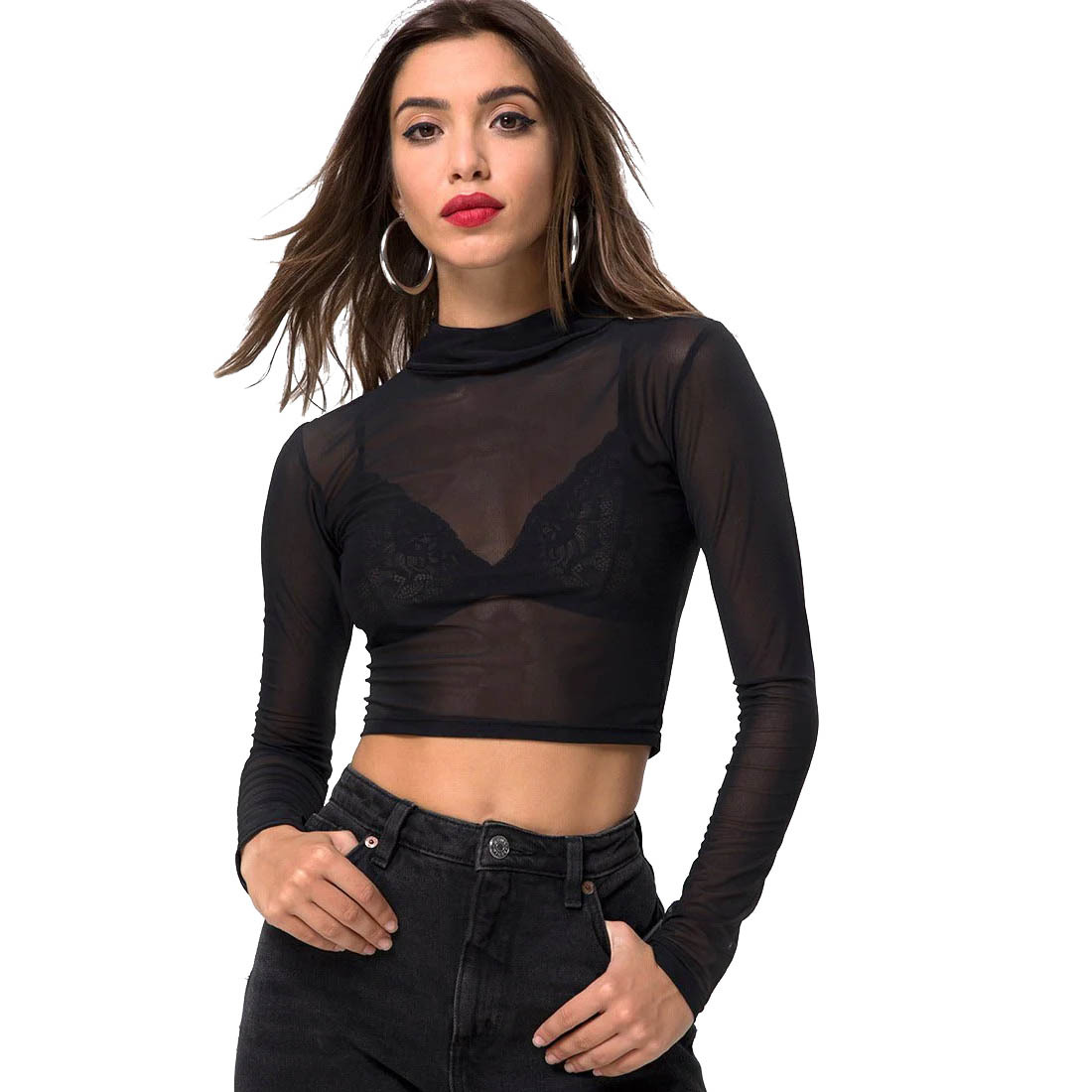 European and American Amazon Cross-Border Women's Clothing New Style Small Fresh Sexy Slim See-Through Tight Long-Sleeved Mesh Top for Women