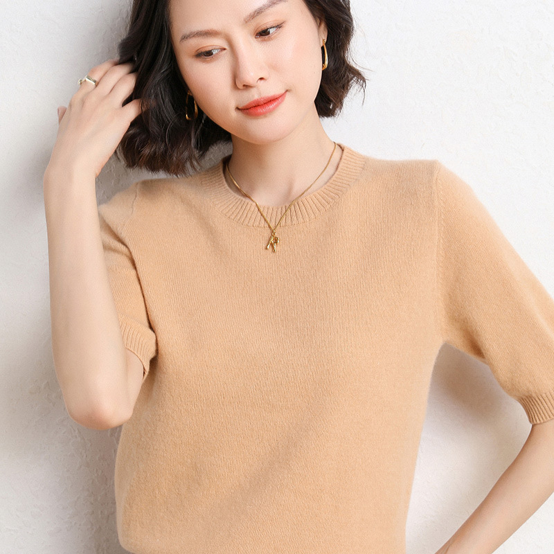 2025 Spring and Summer New Style Knitted Short-Sleeved Women's Round Neck Bottoming Knitted Pullover Half-Sleeved Sweater Loose Bottoming Sweater