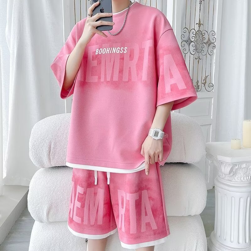 Men's Large Size Sports Suit Summer Ice Silk New Trendy Brand Fake Two-Piece Short-Sleeved Shorts Youth Casual Two-Piece