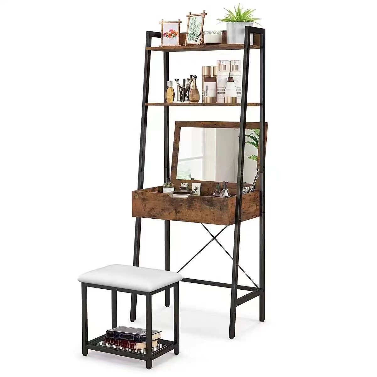 Modern Steel and Wood Makeup Vanity Set, Country Brown Makeup Table Shelf, Desktop with Flip Mirror