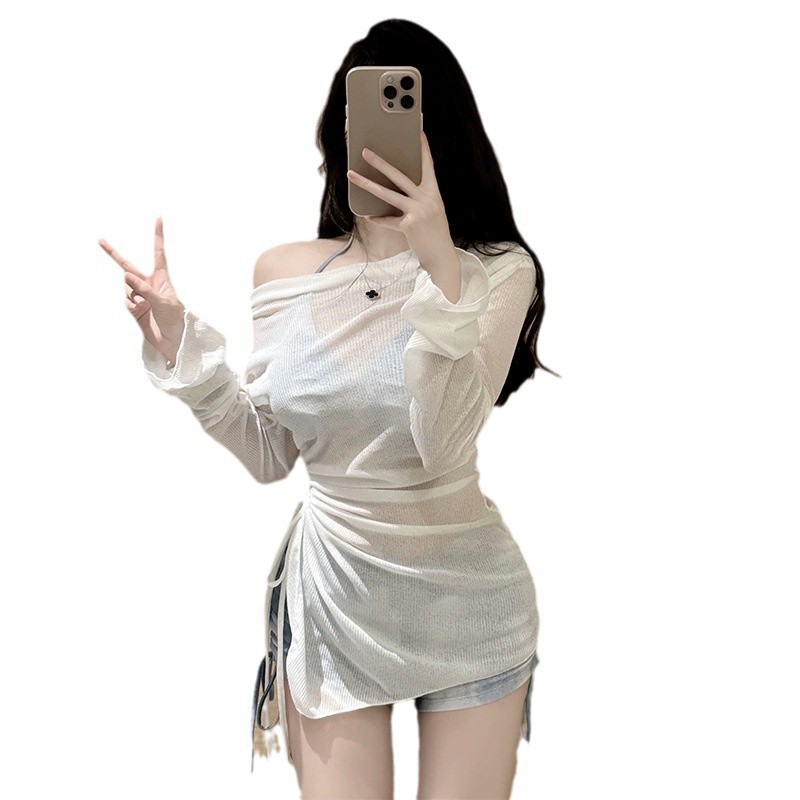 Swimsuit Women's Split Blouse Tie-Dye Three-Piece Set Fresh Style Belly-Covering Slimming Conservative Vacation Hot Spring Small Chest Pure Style