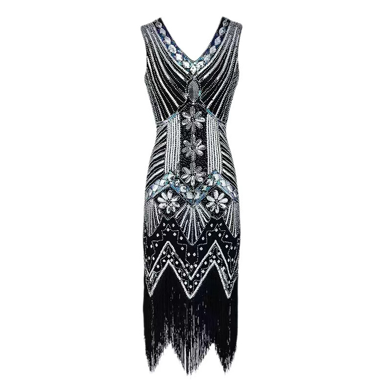 Cross-border European and American 1920s Sequin Beaded Tassel Sleeveless Vest V-neck dress Fashion Evening Dress Amazon