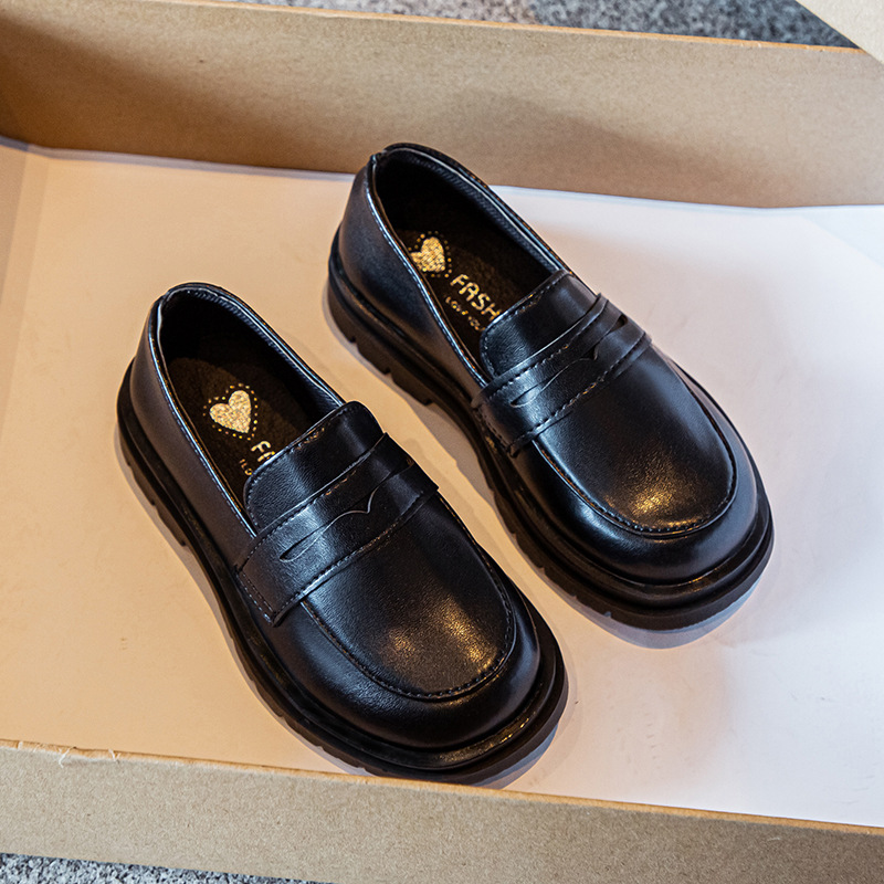 Children's Leather Shoes 2025 Spring and Autumn New Boys' Retro Black Shoes British Style Girls' Soft Soled Peas Shoes for Middle Children