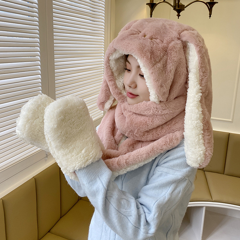 Winter New Long-eared Rabbit Hat Women's Scarf Set Winter One-piece Gloves Autumn and Winter Thickened Warm Three-piece Set