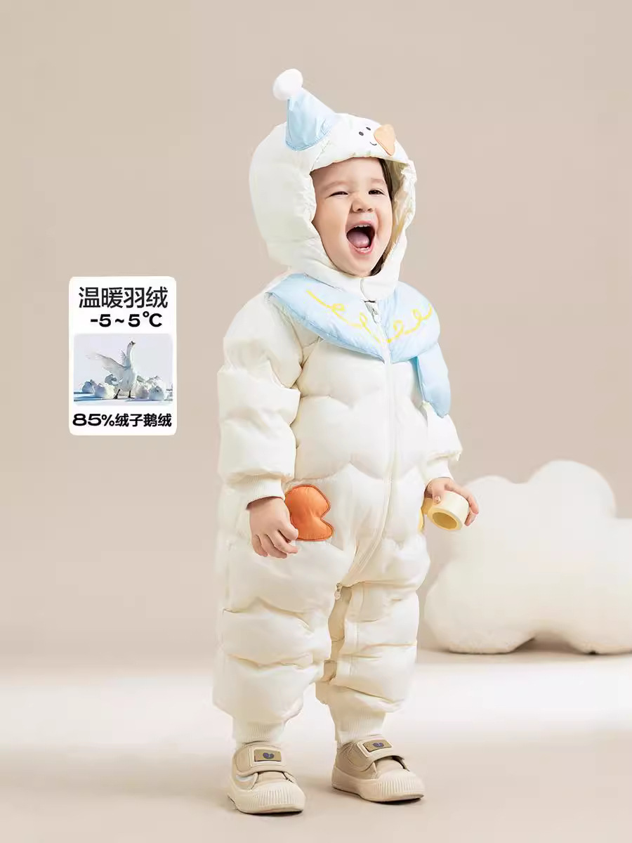 Little Snowman Style Hooded Goose down Jumpsuit Baby Baby Winter Outing Romper 2024 Cute 24D07