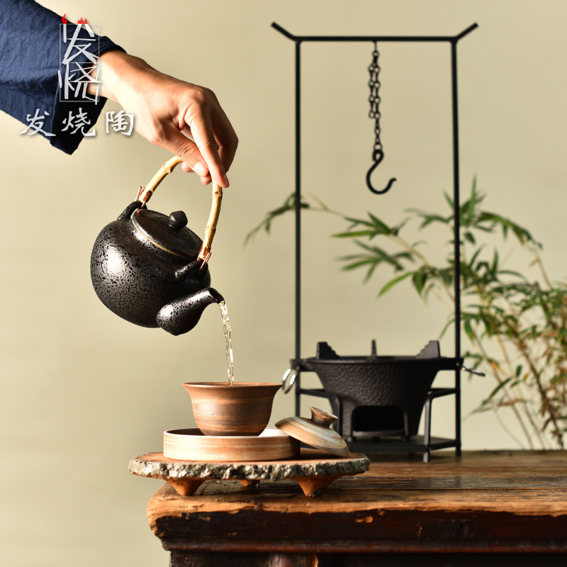 Full Set of Fever-Grade Ceramic Tea Brewing Utensils with Cast Iron Hook Charcoal Stove for Boiling Water and Lifting Teapot for Home Courtyard Heating