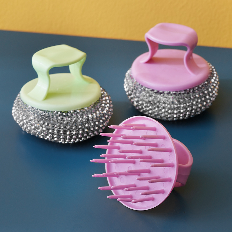 Pot Cleaning Ball Steel Wire Ball with Handle Dishwashing Pot Household Decontamination Long Handle Brush with Handle Pot Brush