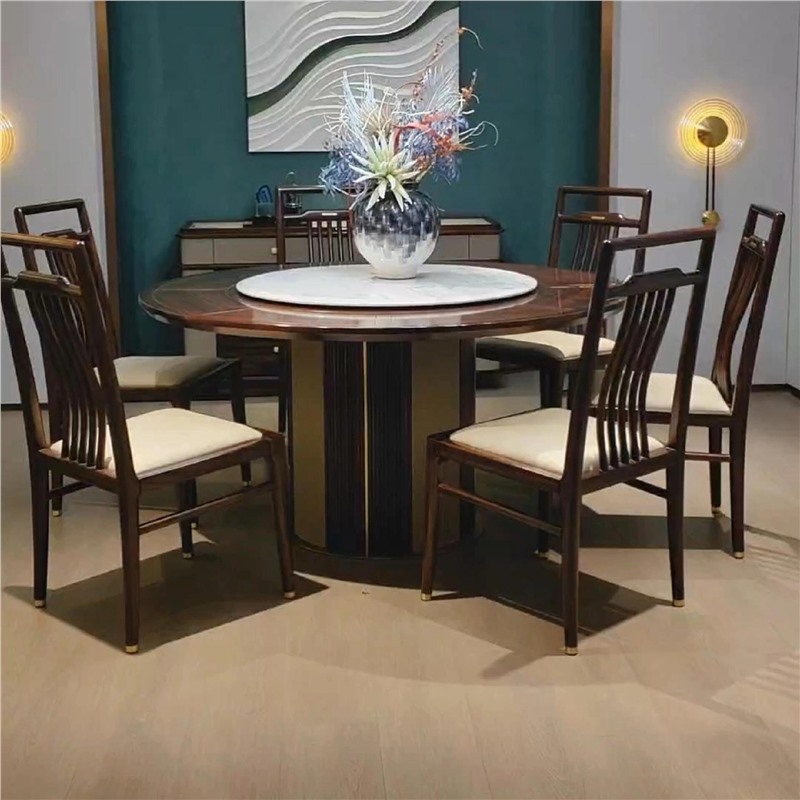 Designer New Chinese Style Ebony Solid Wood Dining Table and Chairs for Large Households to Eat Round Table Modern Villa