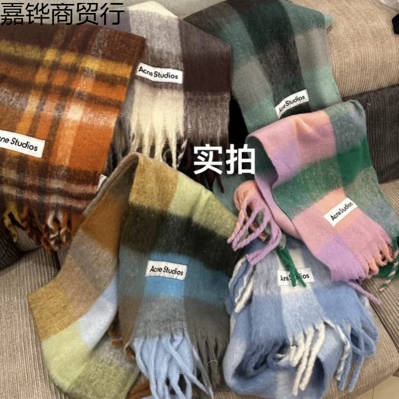 Autumn and winter new thick warm rainbow color plaid scarf European and American loop yarn thick tassel color matching shawl