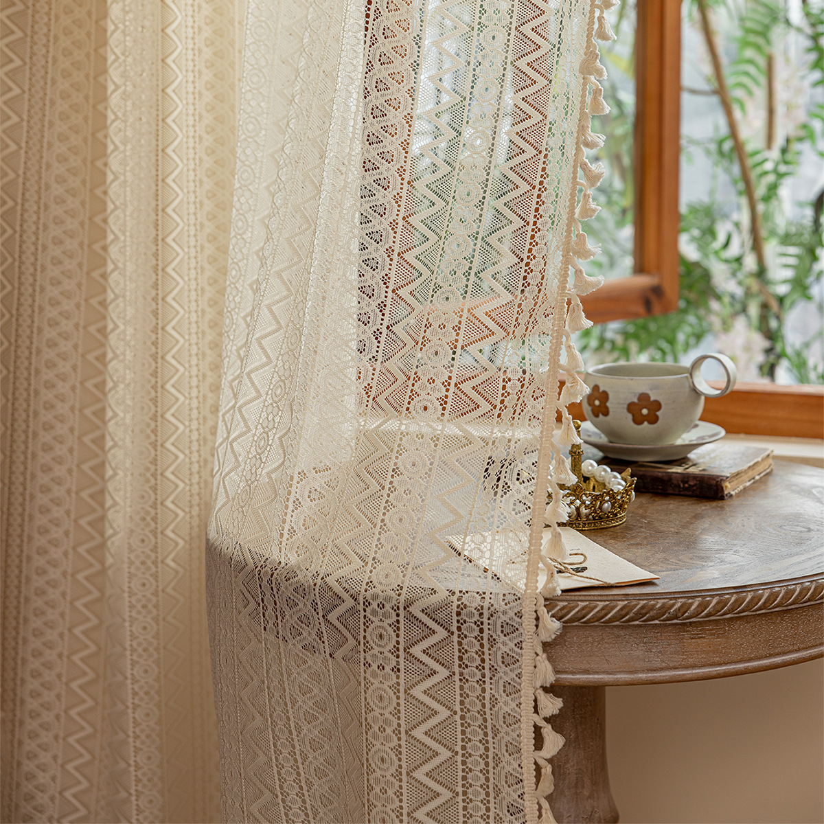 Fabric Manufacturer Warp-Knitted Lace Wave Triangle Blackout Curtains 150cm 130Gsm Balcony Pastoral Style Sunshade