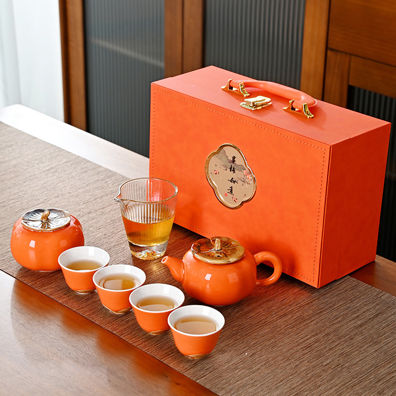 Persimmon and Persimmon everything goes well tea set full set suit ceramic business gift box gift Enterprise return gift with hand gift