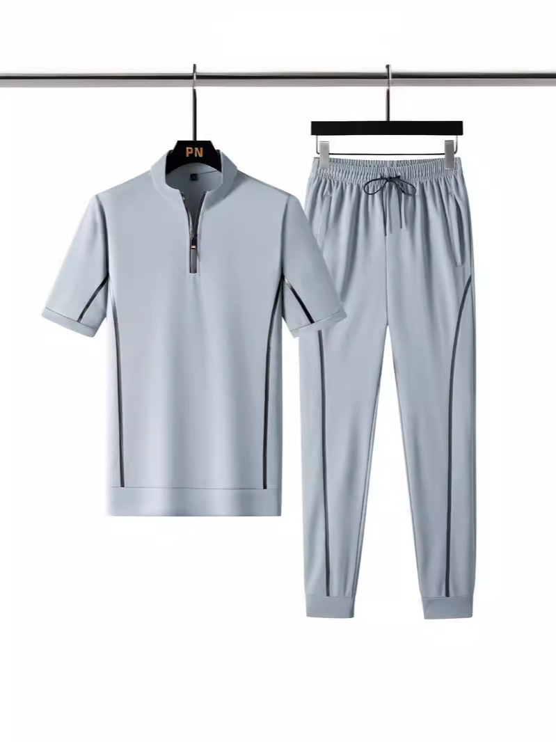 Костюм из высококачественного льда на лето для мужчин, свободные и дышащие тонкие брюки с коротким рукавом и полосатым дизайном