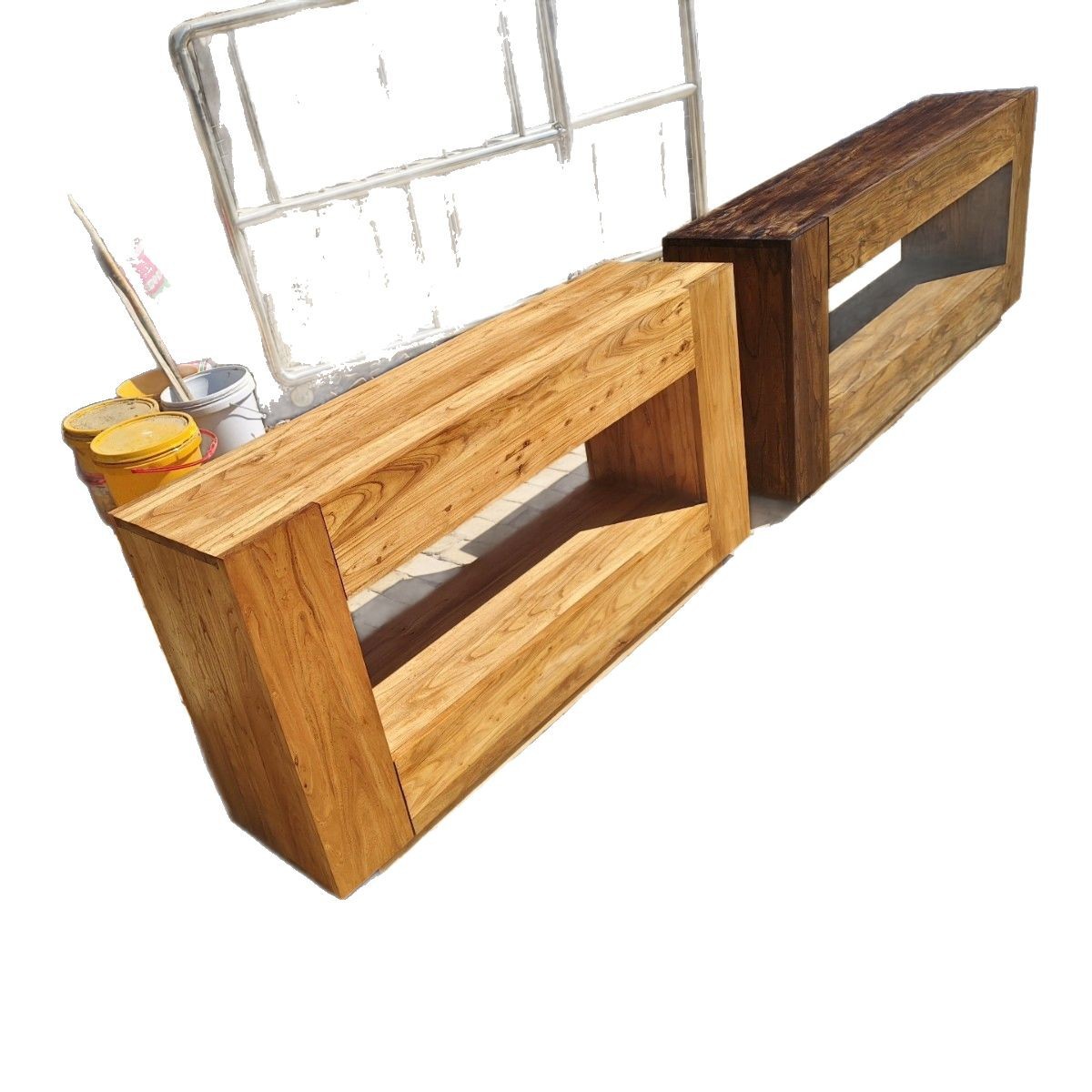 Old Elm Simple Storage Cabinet Rectangular Hollow Entrance Cabinet Solid Wood Silent Style Sideboard Living Room Wall Cabinet