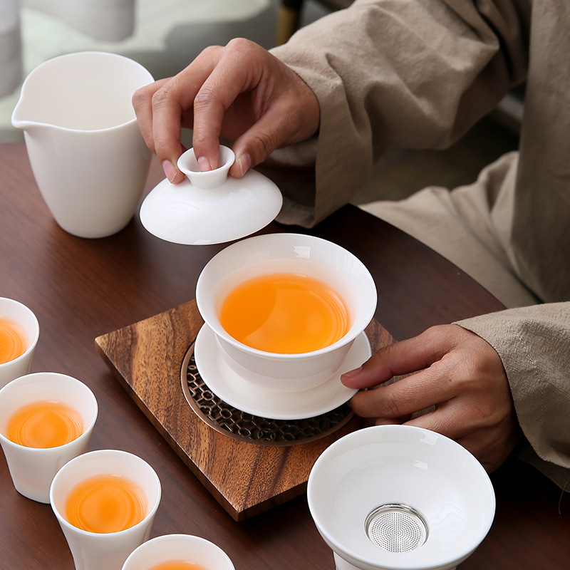 Sheep Fat Jade Kung Fu Tea Set Ceramic Pure White High-end Household Tea suit Accompanying Ceremony White Porcelain Tea Set Printing Logo