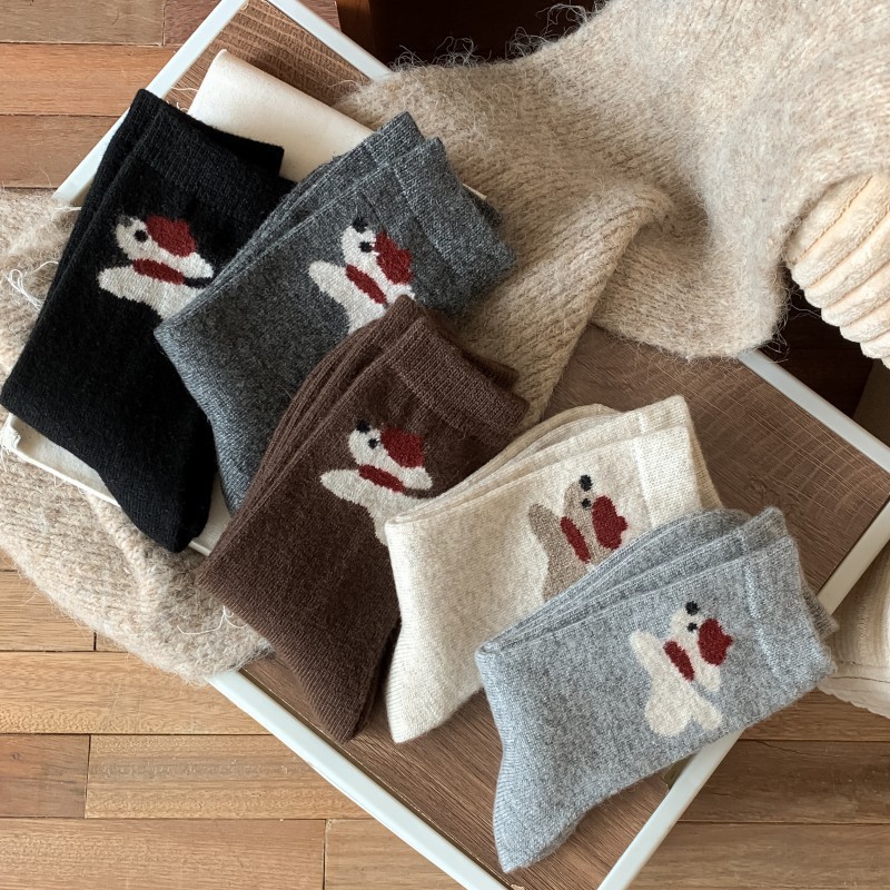 Wool Socks Autumn and Winter Mid-Calf Socks Japanese Style Warm Thick Socks Cute Cartoon Neck Warmer Puppy Seamless Coffee Color Women's Socks