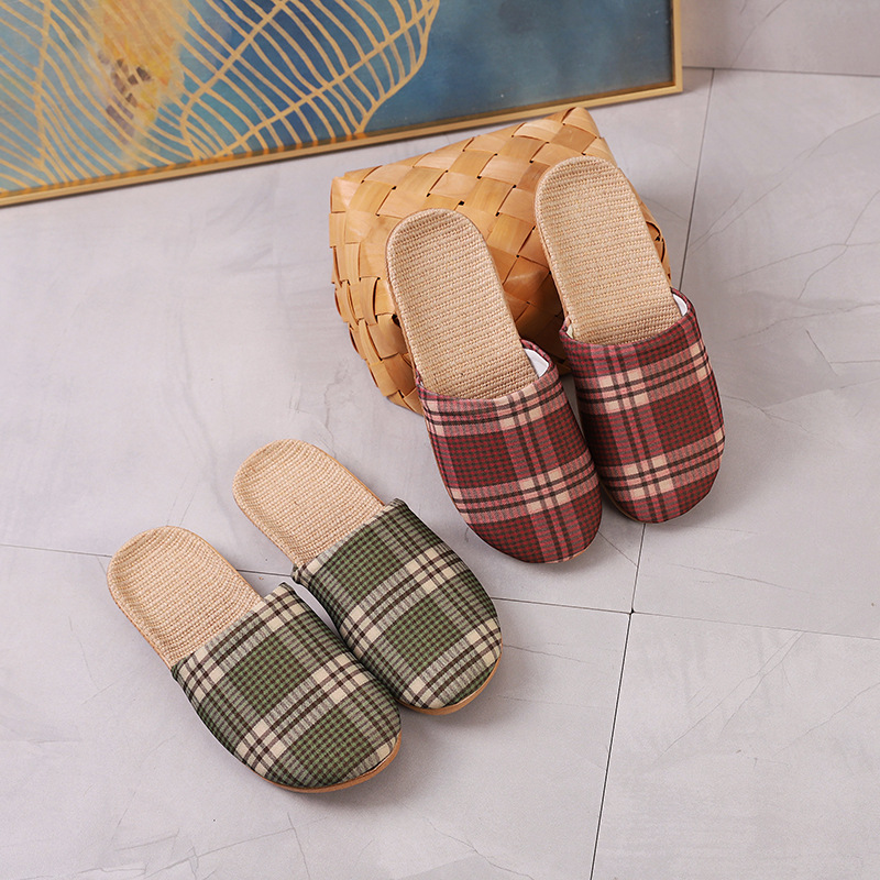 New Summer Men's and Women's Linen Plaid Korean Style Chiffon Soft Bottom Washable Household Indoor Sandals and Slippers for Outer Wear