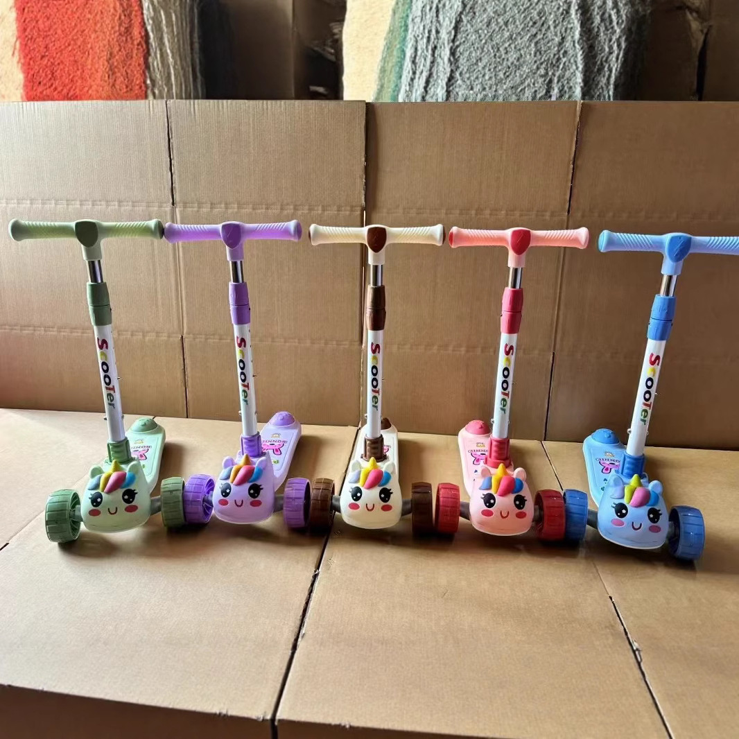 Cross-Border Scooter for Children Aged 2-3-6, Foldable, with Music and Lights, Adjustable Height, Three-Wheel, for Boys and Girls