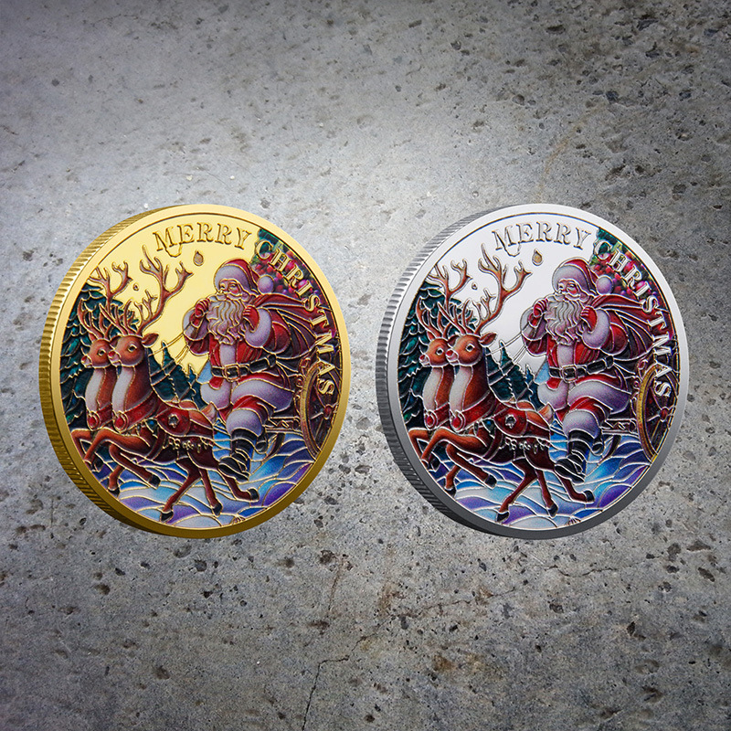 Foreign Trade Christmas Commemorative Medal European and American Santa Claus Sleigh Auspicious Deer Colorful Commemorative Gold Coin Decision-Making Game Coin