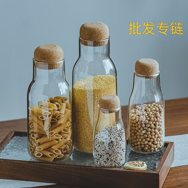 Оптовая прозрачная банка из боросиликатного стекла для хранения закусок с пробковой крышкой, герметичная банка для круп и конфет
