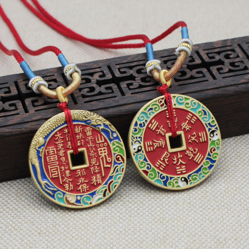 Coin Collection Enamel Mountain Ghost Flower Pendant for Live Streaming, Pure Brass with Real Cinnabar Copper Coin for Peace and Good Luck