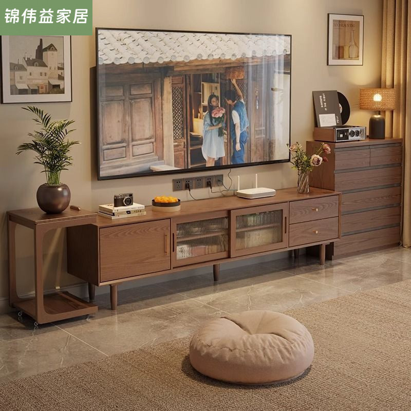 ТВ-кабинет из массива дерева, шкаф для хранения, комбинация с кофейным столиком, стиль середины века