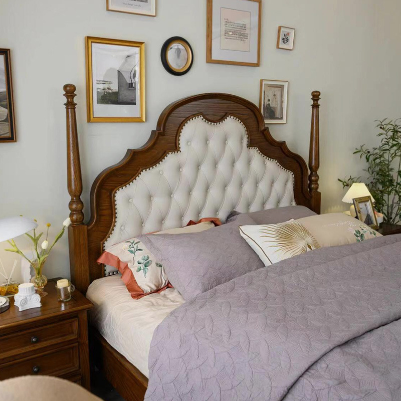 American Retro Solid Wooden Bed French Princess Bed Bedside Table Dresser Bucket Bedroom Complete Set of High-end Furniture