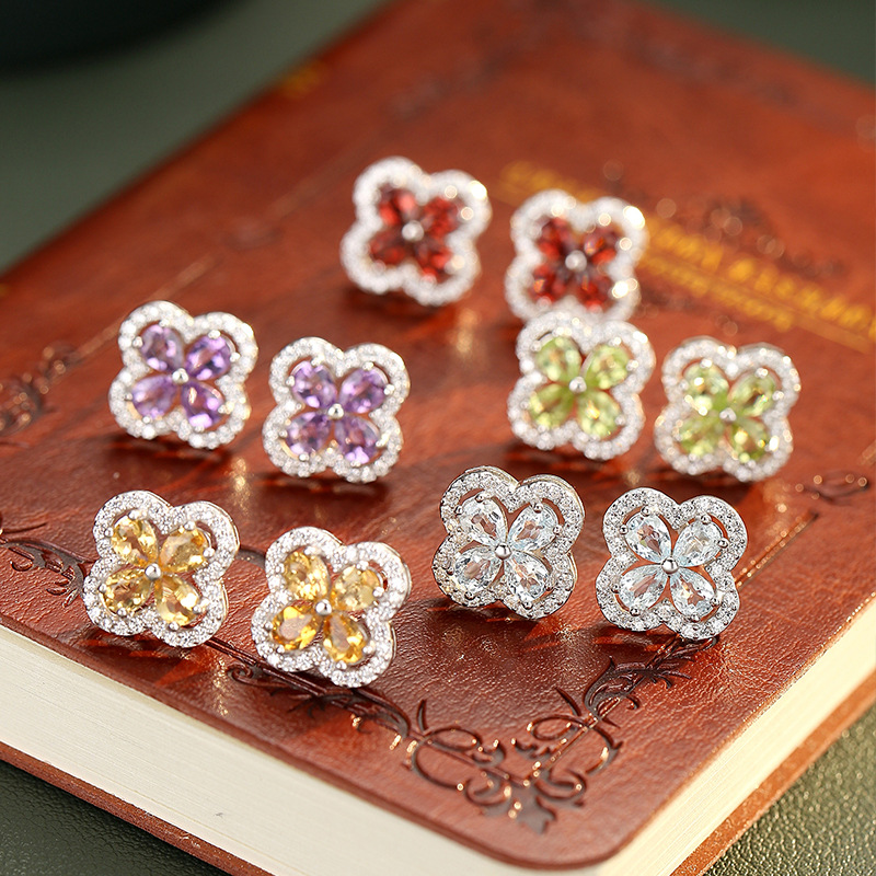 Four-Leaf Clover Niche Earrings for Women Natural Amethyst Topaz High-End Earrings S952 Sterling Silver Accessible Luxury Accessories for Women