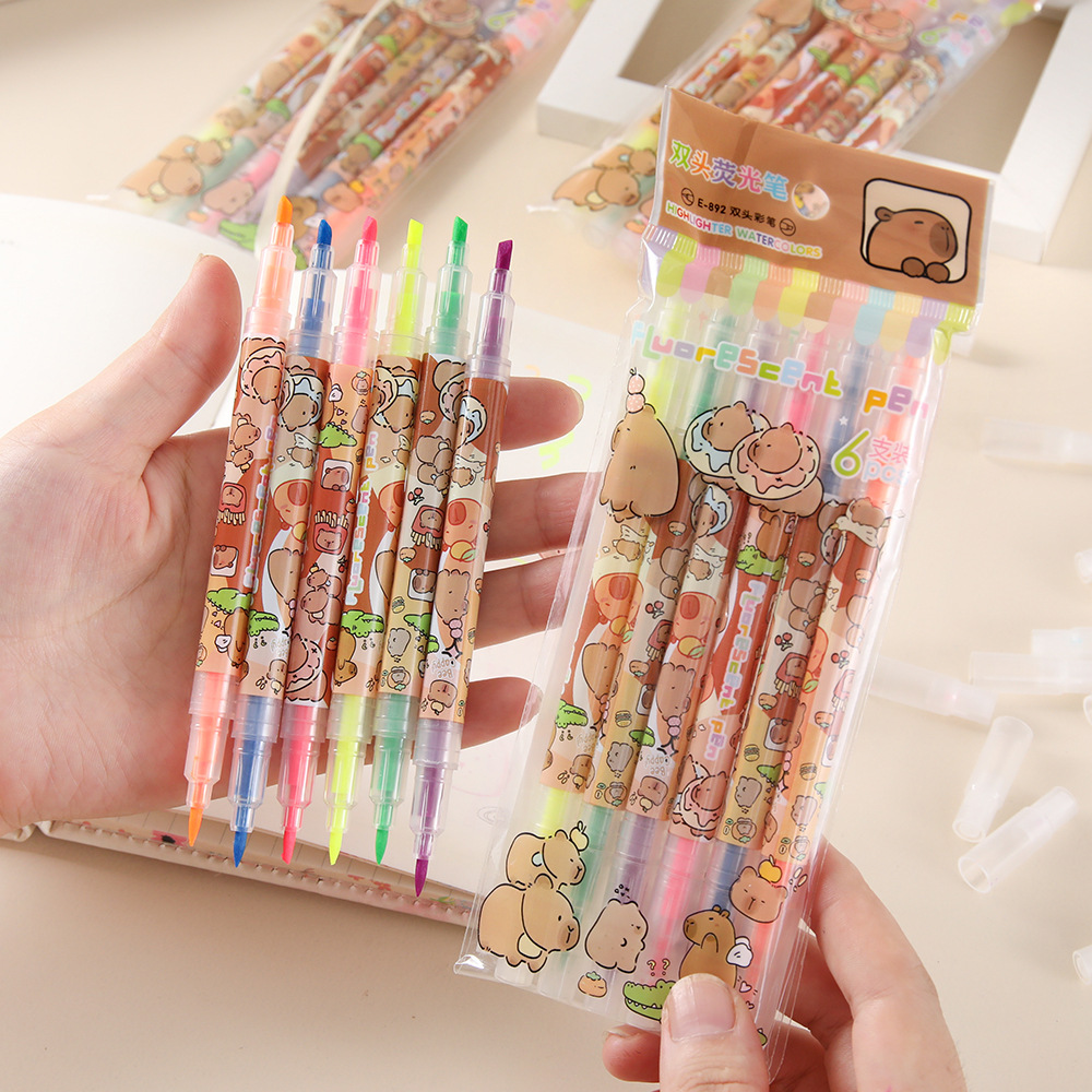 Kappi Bala Double Head Highlighter 6 Pack Student Stationery Stroke Key Sentence Marking Pen Color Oblique Head Marking Pen