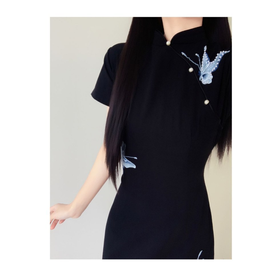 [Moss butterfly sleep 2.0] butterfly improved cheongsam embroidery girl temperament slim slim everyday black dress
