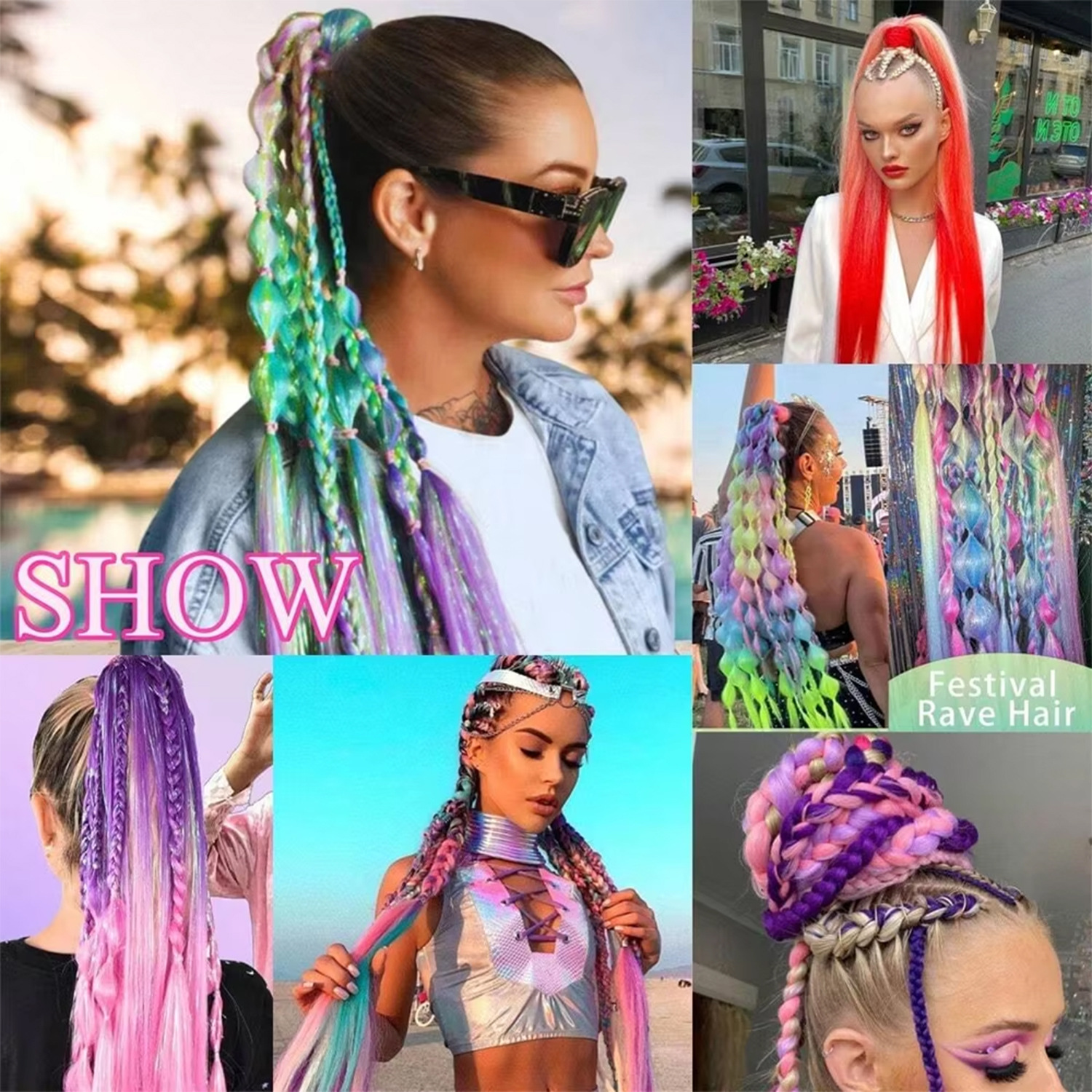 2-Pack Women's Purple Ponytail Colorful Boxer Braids Elastic Rope Ponytail Hair Extensions
