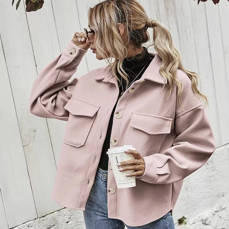 Cross-border Women's European and American New Fashion Solid Color Single-breasted Woolen Coat Casual Coat Lapel Loose Women's Top